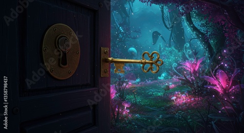 Enchanting Fantasy Forest Scene Glowing Mushrooms Key Door to Magical Realm