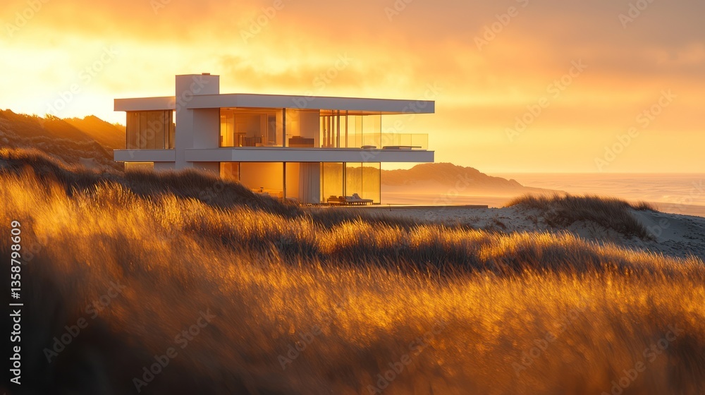 Fototapeta premium Modern beachfront home at sunset