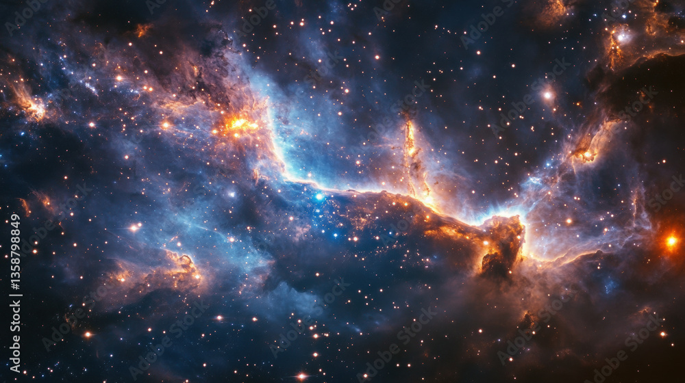 Fototapeta premium A vibrant nebula with swirling clouds of gas and dust, illuminated by bright stars.