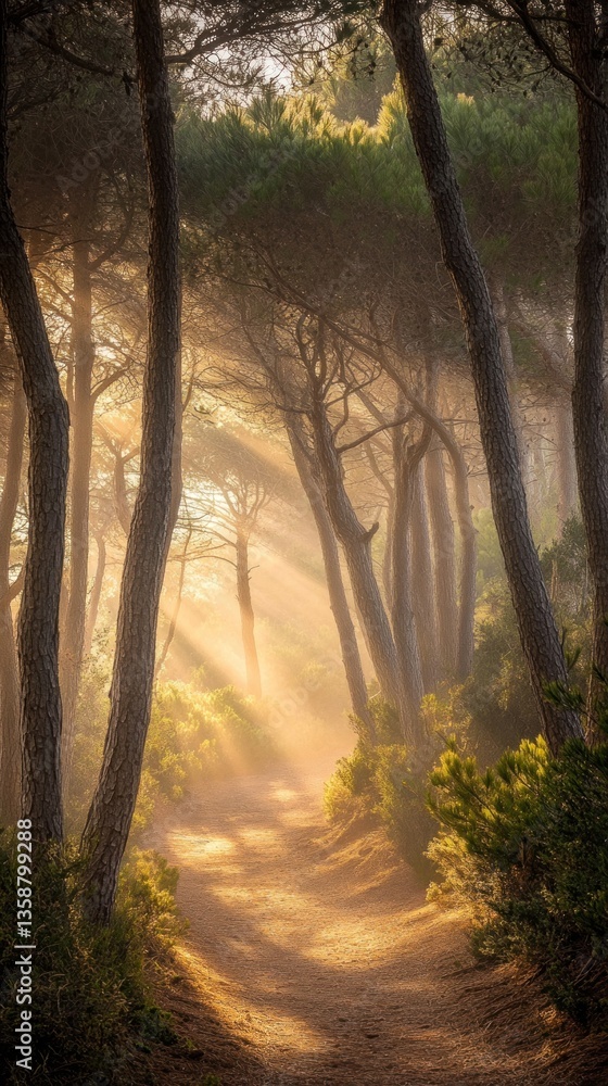 Fototapeta premium A dense pine forest with tall trees nature sunlight woodland.