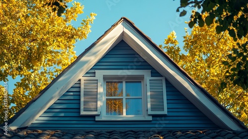 Wallpaper Mural The top of a cozy cottage featuring a triangular window with white shutters nestled under a sloping roof warm afternoon light.  Torontodigital.ca