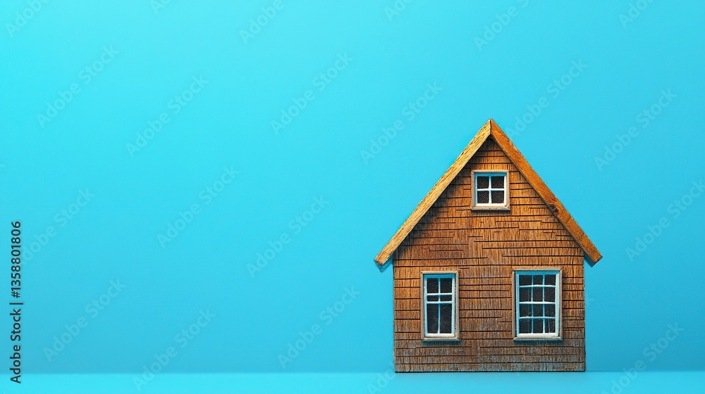 Tiny handcrafted house with a shingled roof and small windows against a vivid blue backdrop minimalist and charming. Tiny handcrafted house with a shingled roof and small windows against a vivid blue backdrop minimalist and charming.