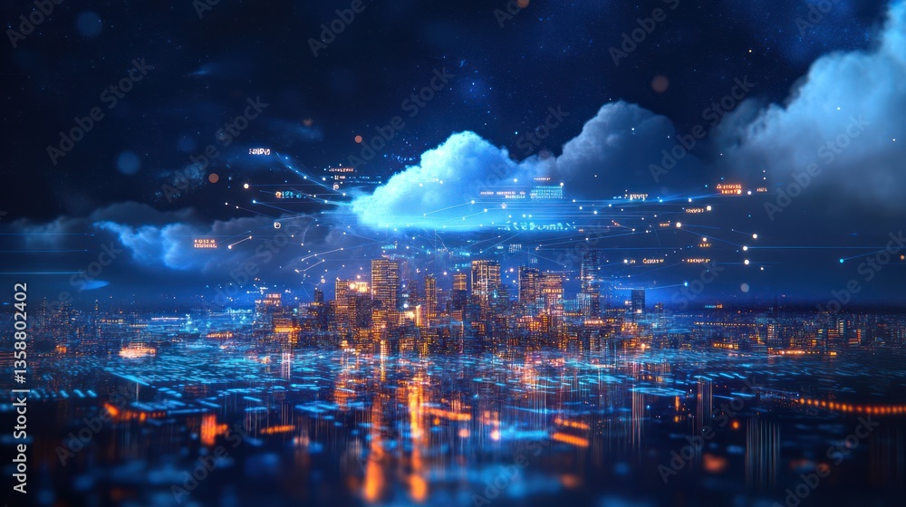 Obraz premium Futuristic city at night under a digital cloud, possible use for technology concept