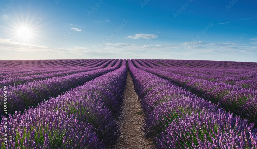 Fototapeta premium Lavender field with rows of purple flowers under a clear blue sky,