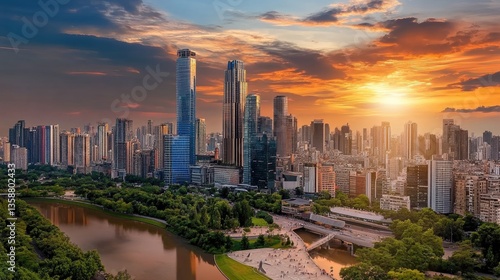 Wallpaper Mural Urban Skyline at Sunset with River and Green Park in the Foreground Torontodigital.ca