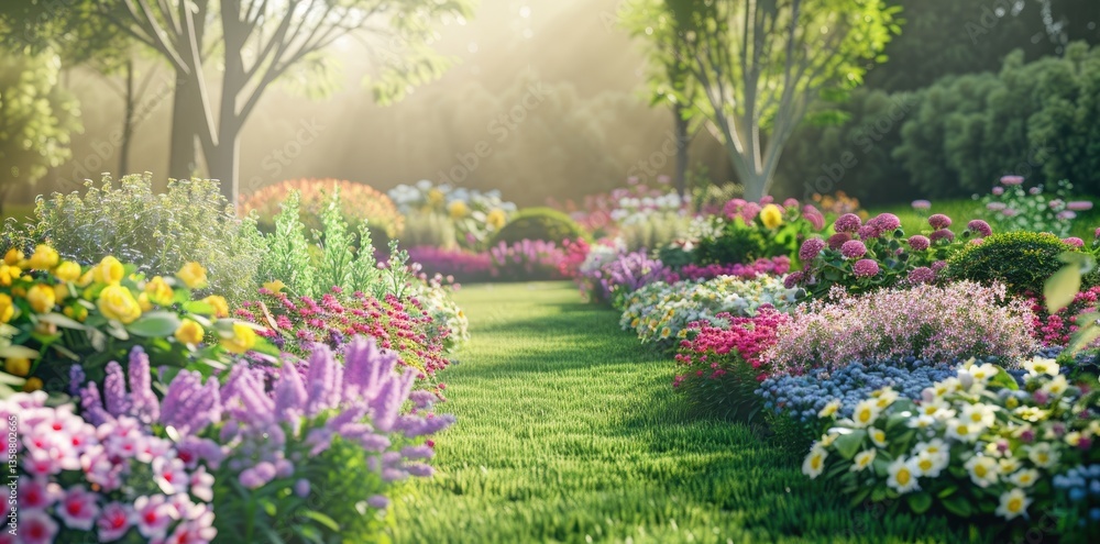 Obraz premium 3d rendering of a green garden with beautiful flowers of different colors