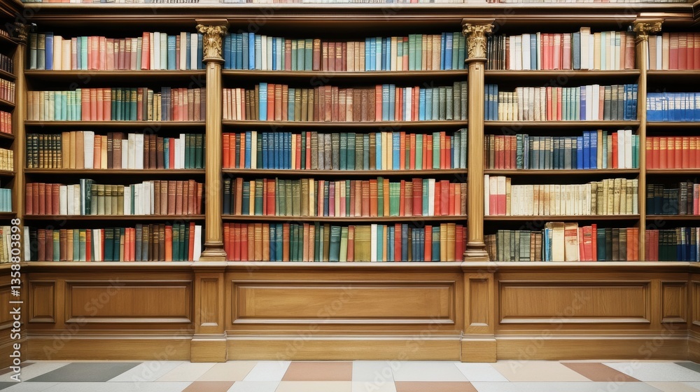 Elegant Display of Colorful Books on Wooden Library Shelves Elegant Display of Colorful Books on Wooden Library Shelves