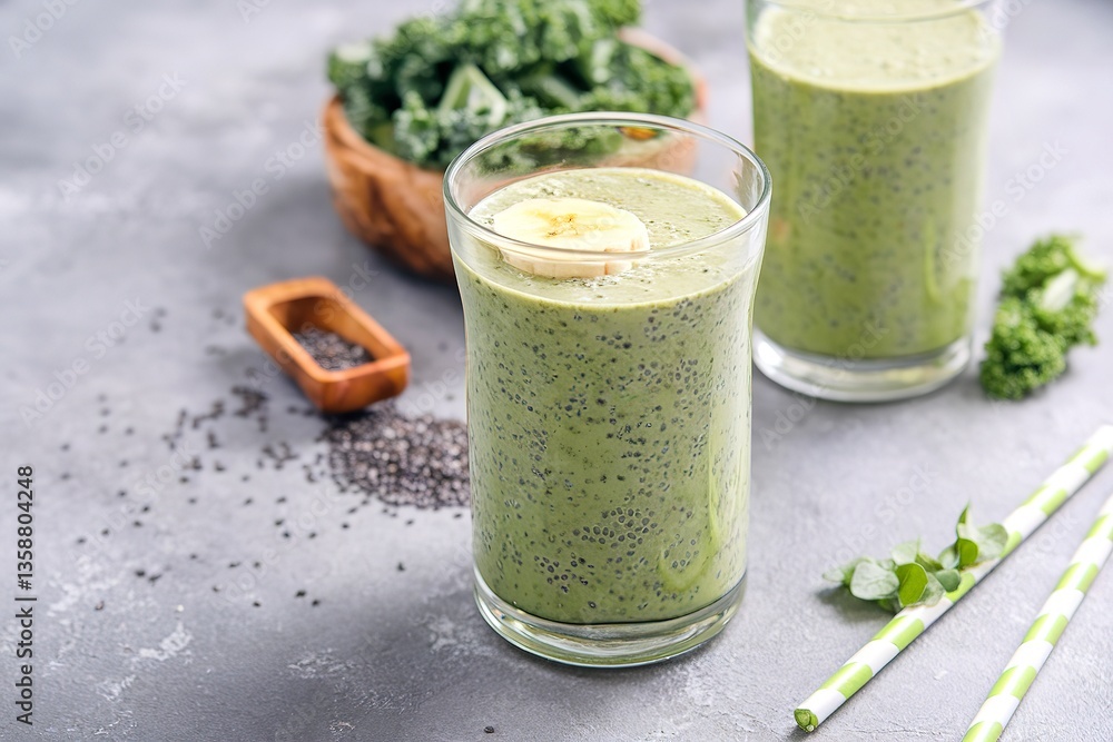 Green smoothie with banana, chia seeds and fresh kale Green smoothie with banana, chia seeds and fresh kale