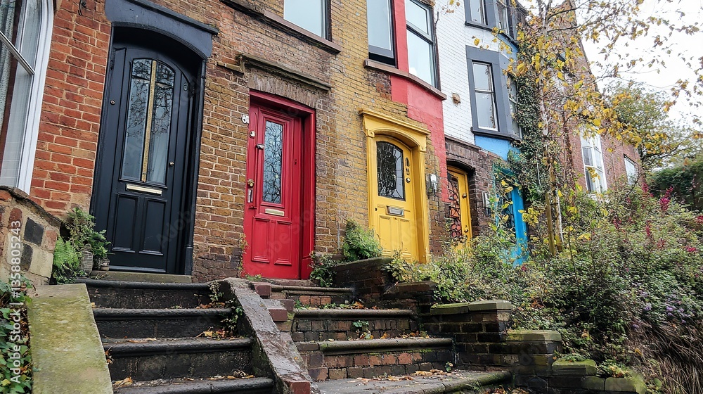 Fototapeta premium Victorian-style terraced houses in Bristol ornate details on brickwork narrow front steps leading to colorful doors tranquil setting