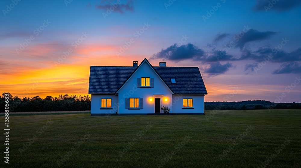 White house with two peaked roofs and a sleek dark roof silhouetted against a vibrant blue sunset sky soft golden light reflecting on the facade. White house with two peaked roofs and a sleek dark roof silhouetted against a vibrant blue sunset sky soft golden light reflecting on the facade.