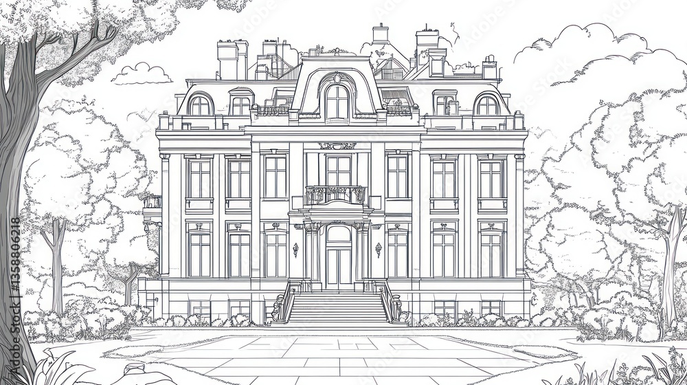 Sketch of grand mansion in park, possible use for architecture design Sketch of grand mansion in park, possible use for architecture design