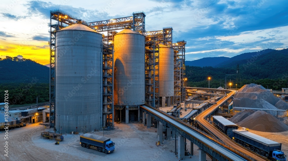 Industrial Facility with Silos and Conveyor Belts at Sunset Surrounded by Mountains and Natural Landscape in Background Industrial Facility with Silos and Conveyor Belts at Sunset Surrounded by Mountains and Natural Landscape in Background