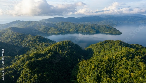 Aerial of Lake Arenal and forests in Costa Rica for ecotourism and travel needs