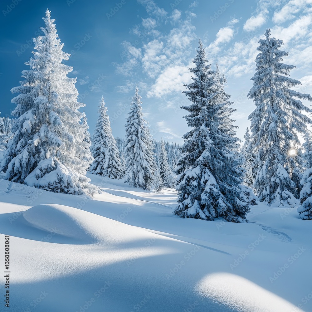 Winter Wonderland: Snow-Covered Trees and Sunny Blue Skies in a Pristine Forest Landscape Winter Wonderland: Snow-Covered Trees and Sunny Blue Skies in a Pristine Forest Landscape