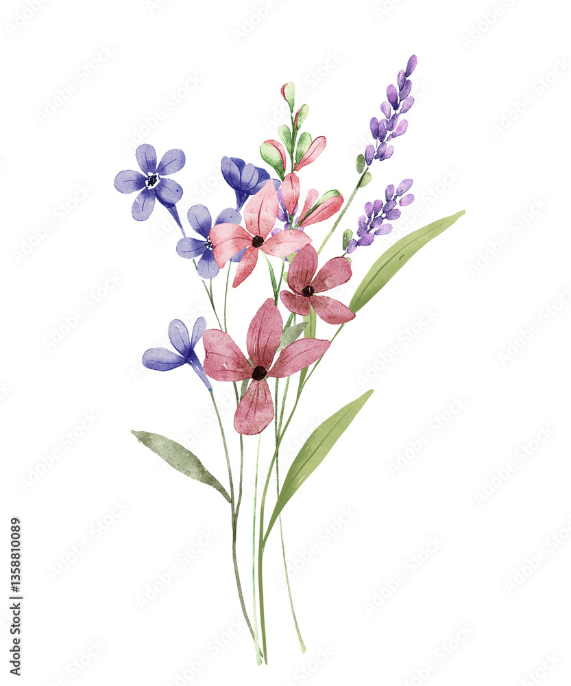 Obraz premium Watercolor wildflowers bouquet, digital floral illustration. Isolated on white background. Perfectly for greeting cards, invitations, poster design.