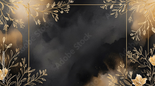 Charming golden floral arrangement with delicate watercolor wash and botanical details on black background perfect for invites wedding card invitation design inspiration