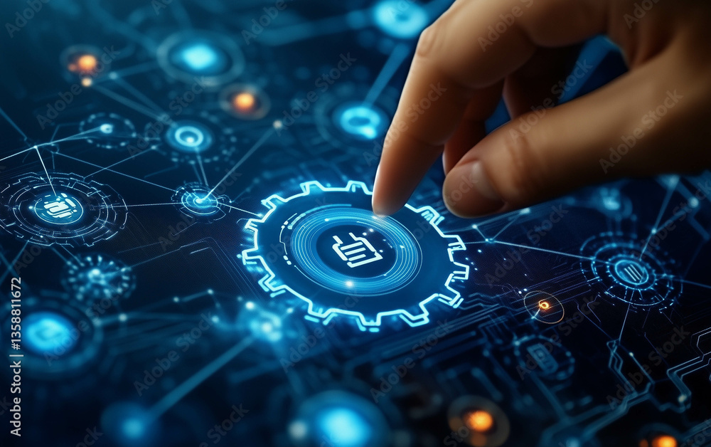 Obraz premium Hand touching a digital gears icon on a blue technology background with connected nodes and circles