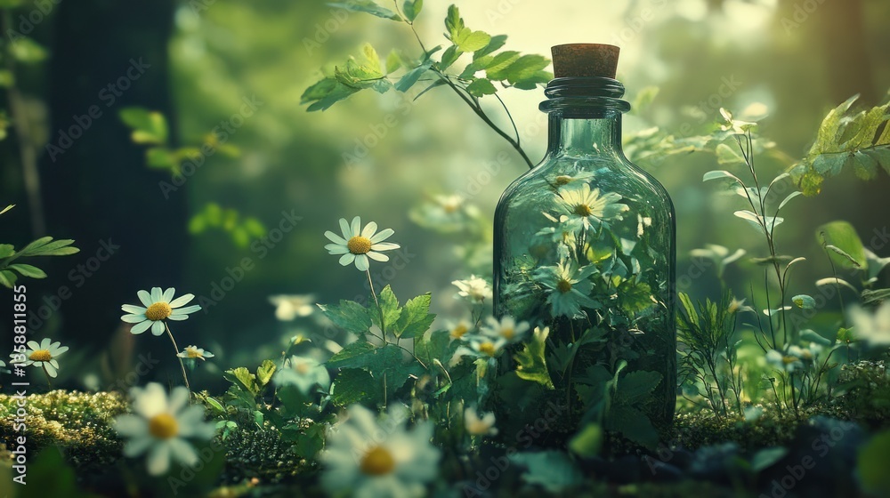 Green glass bottle filled with flowers in a forest setting Green glass bottle filled with flowers in a forest setting