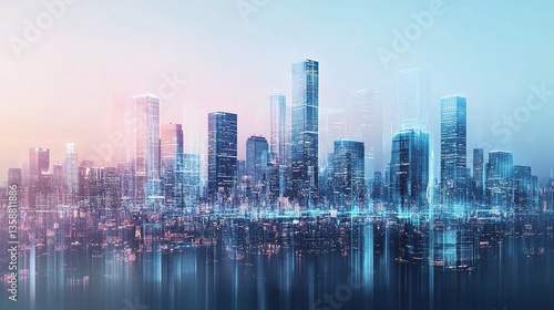 Modern City Skyline with Transparent Holographic Effects