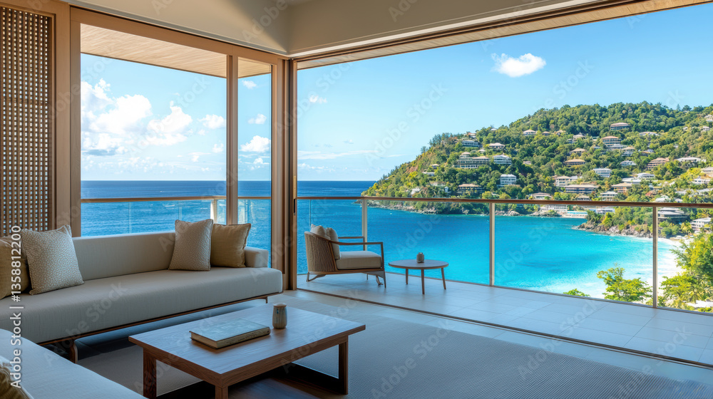 Fototapeta premium Luxurious coastal living room with panoramic ocean view, modern design, and serene surroundings, showcasing tropical landscape and relaxation space