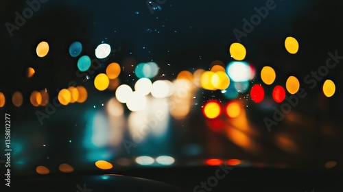 Nighttime cityscape through a car window, blurred lights and reflections, evoking a sense of urban solitude and quiet introspection.
