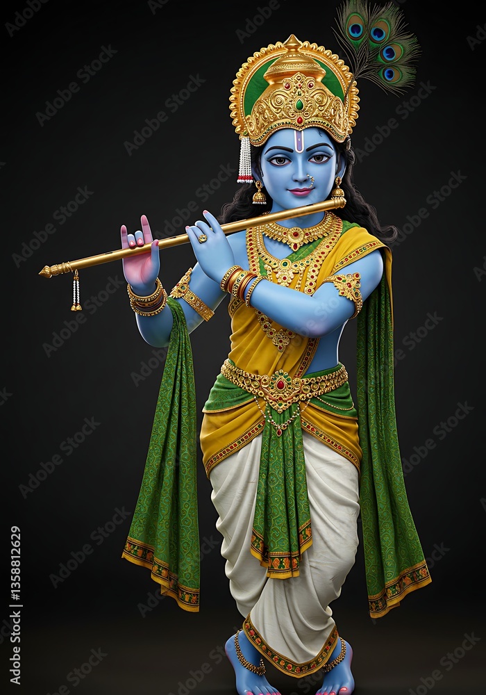 Fototapeta premium Elegant Krishna Figurine Playing Flute in Traditional Attire with Vibrant Colors