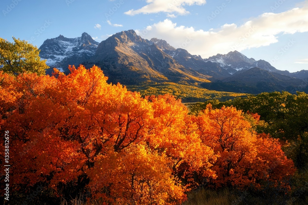 Fototapeta premium Autumn trees with orange leaves and snow capped peaks, perfect for desktop