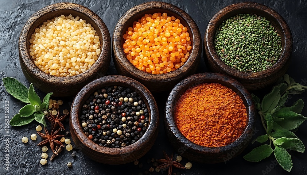 Various spices and herbs are displayed in wooden bowls aesthetically Various spices and herbs are displayed in wooden bowls aesthetically