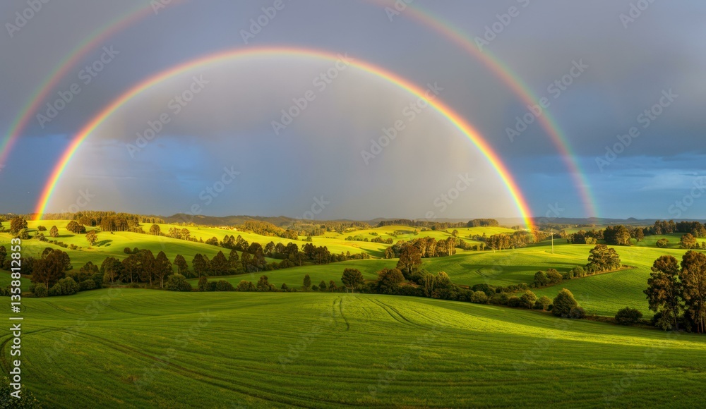 Naklejka premium A vibrant double rainbow arches over a lush green countryside,