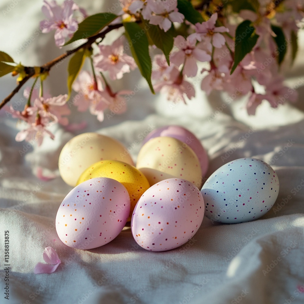 Colorful easter eggs arranged a line under a blooming cherry tree Colorful easter eggs arranged a line under a blooming cherry tree