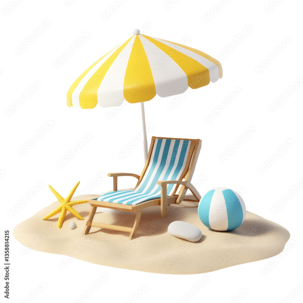 Relaxing Beach Scene with Umbrella, Chair, and Colorful Beach Ball Relaxing Beach Scene with Umbrella, Chair, and Colorful Beach Ball