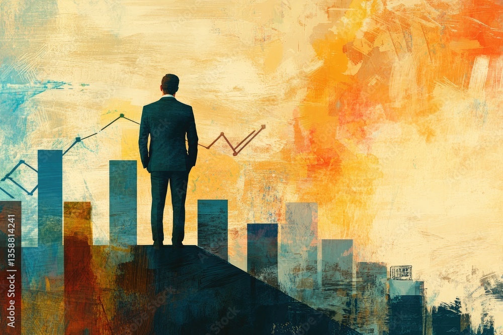 A business success story visual, featuring a businessman standing confidently beside a growing financial chart. A business success story visual, featuring a businessman standing confidently beside a growing financial chart.