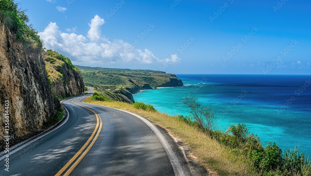 Panoramic photo of an empty road leading to the ocean, with beautiful blue water and turquoise colors. Panoramic photo of an empty road leading to the ocean, with beautiful blue water and turquoise colors.