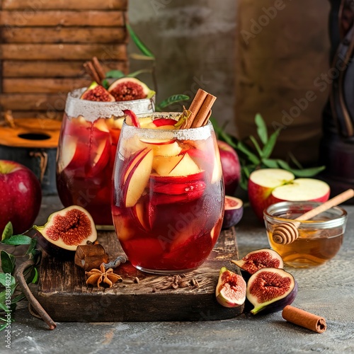 Fall or winter sangria with fig, cinnamon, apples and honey