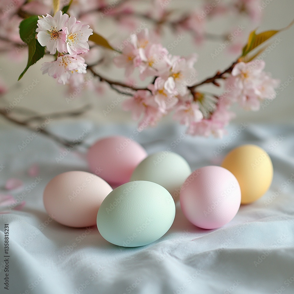 Colorful easter eggs arranged a line under a blooming cherry tree Colorful easter eggs arranged a line under a blooming cherry tree
