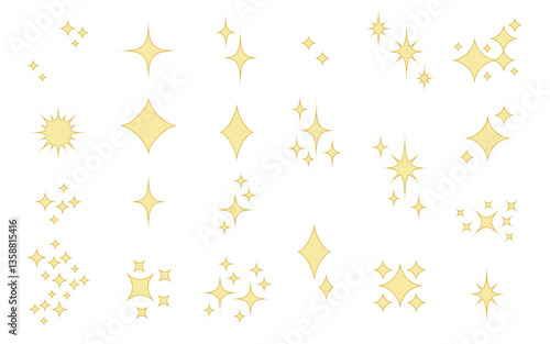星のモチーフのイラスト、記号セット。金色風。