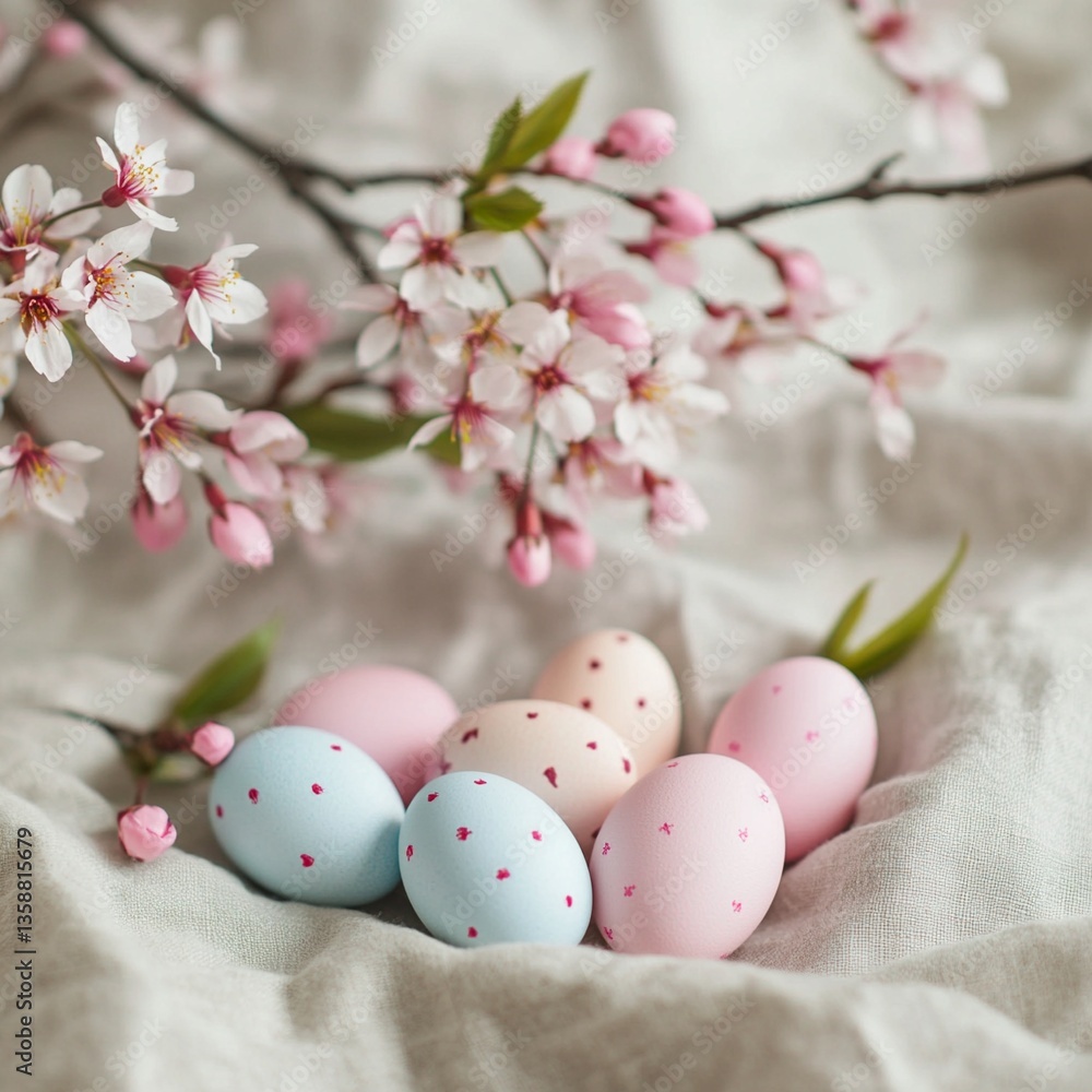 Colorful easter eggs arranged a line under a blooming cherry tree Colorful easter eggs arranged a line under a blooming cherry tree