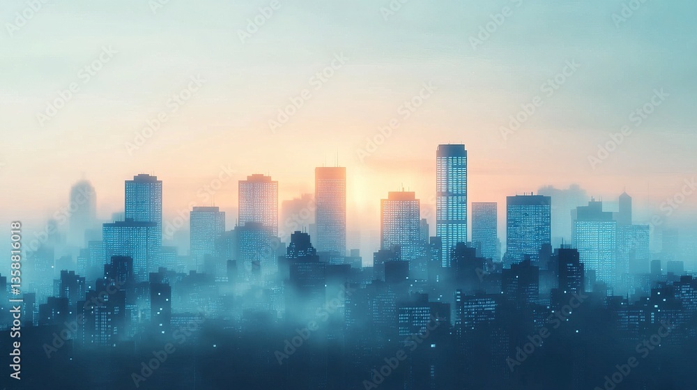 Cityscape with foggy silhouettes of buildings and houses glowing windows creating contrast horizontal tileable layout clean vector aesthetic. Cityscape with foggy silhouettes of buildings and houses glowing windows creating contrast horizontal tileable layout clean vector aesthetic.