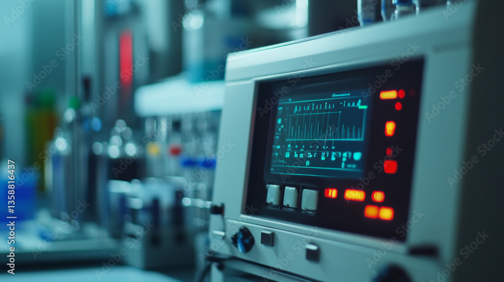 Focus on the digital display of a laboratory analyzer highlighting various readings and metrics. The setting features lab equipment and glassware, indicating ongoing experiments. Focus on the digital display of a laboratory analyzer highlighting various readings and metrics. The setting features lab equipment and glassware, indicating ongoing experiments.