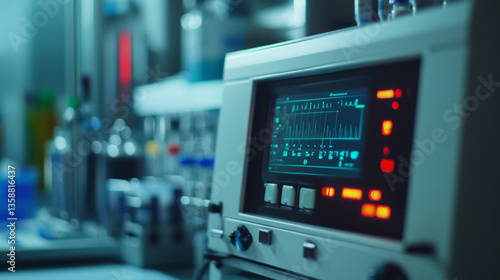 Wallpaper Mural Focus on the digital display of a laboratory analyzer highlighting various readings and metrics. The setting features lab equipment and glassware, indicating ongoing experiments. Torontodigital.ca