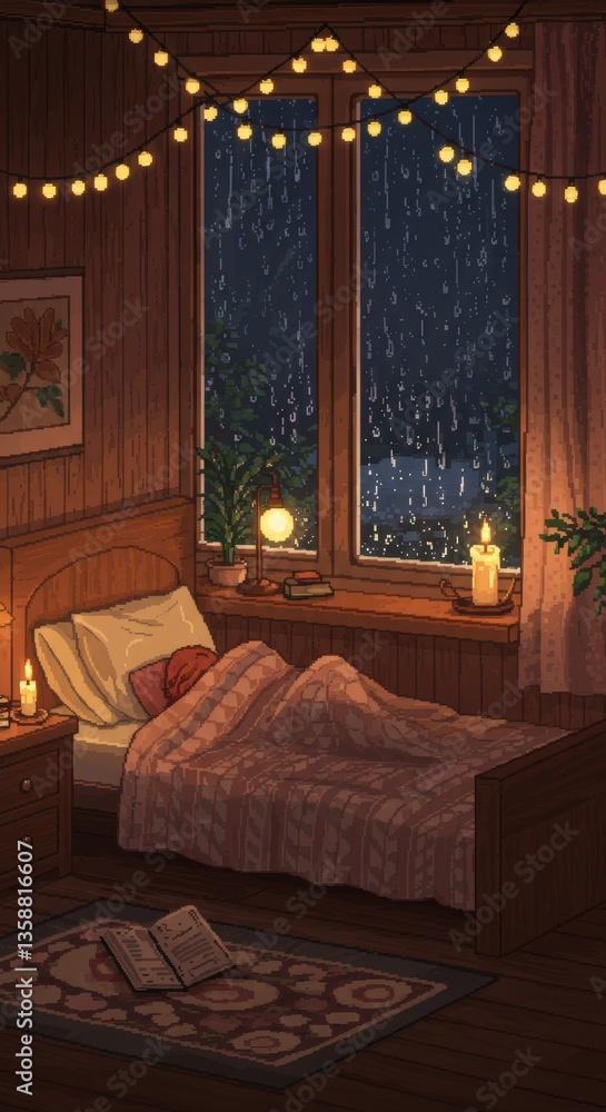 Fototapeta premium Cozy Bedroom with Rainy Night View and Warm Lighting. Lofi room art style. Pixel art phone wallpaper