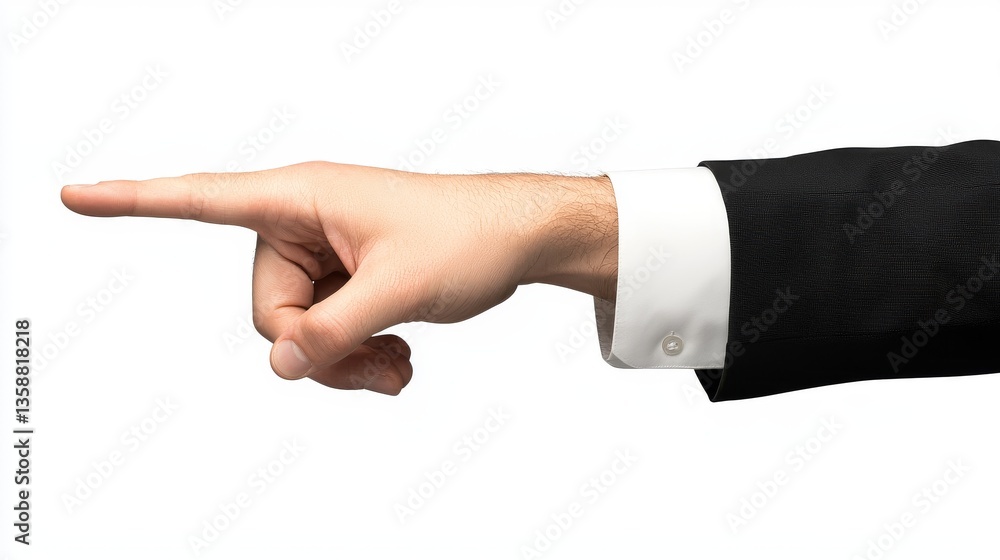 Man's hand in suit pointing finger gesture isolated white background Man's hand in suit pointing finger gesture isolated white background