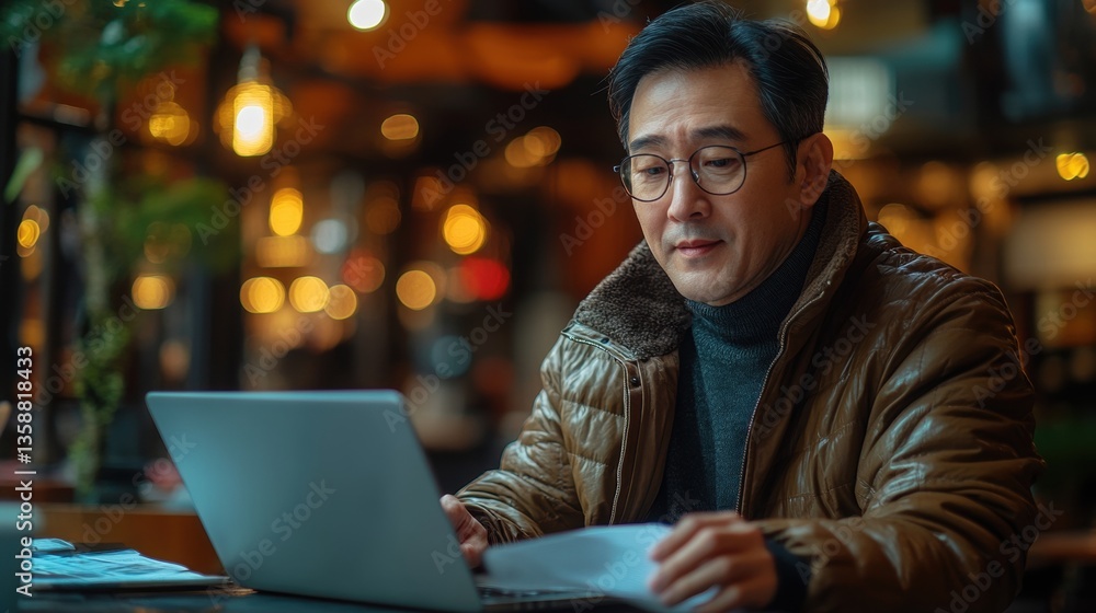 A focused man working on a laptop in a cozy, illuminated café setting. A focused man working on a laptop in a cozy, illuminated café setting.