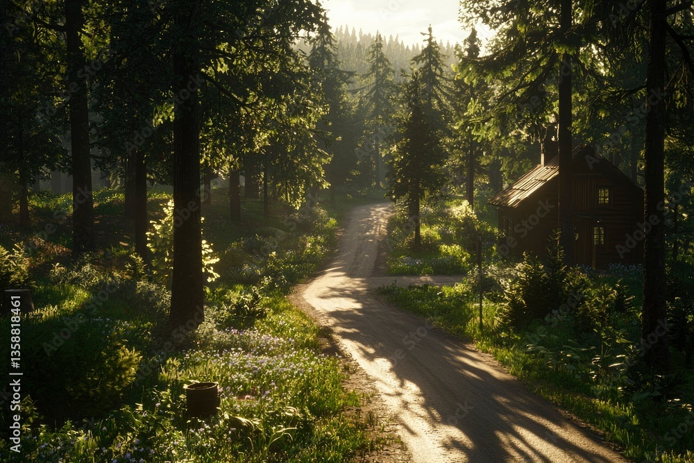 Fototapeta premium Road through forest on a sunny morning, a log cabin on the side. Background blur