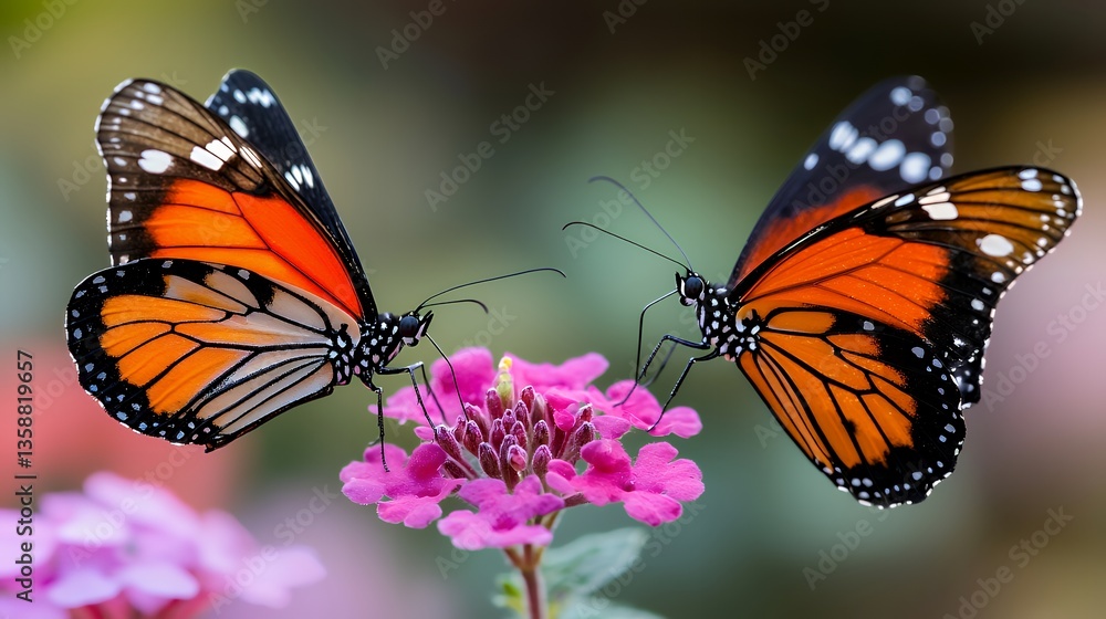 Fototapeta premium Two Colorful Monarch Butterflies on a Pink Flower in Nature, Close Up View