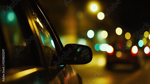 Nighttime cityscape through a car window, blurred lights and reflections, evoking a sense of urban solitude and quiet introspection.
