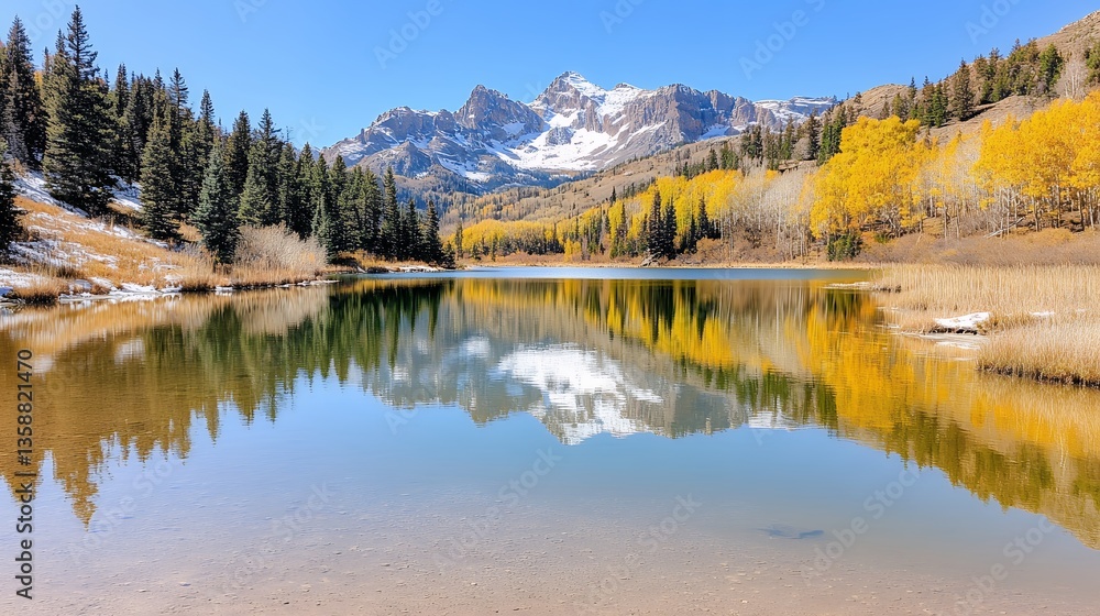Serene Mountain Lake with Autumn Reflections and Snow-capped Peaks under a Clear Blue Sky Serene Mountain Lake with Autumn Reflections and Snow-capped Peaks under a Clear Blue Sky