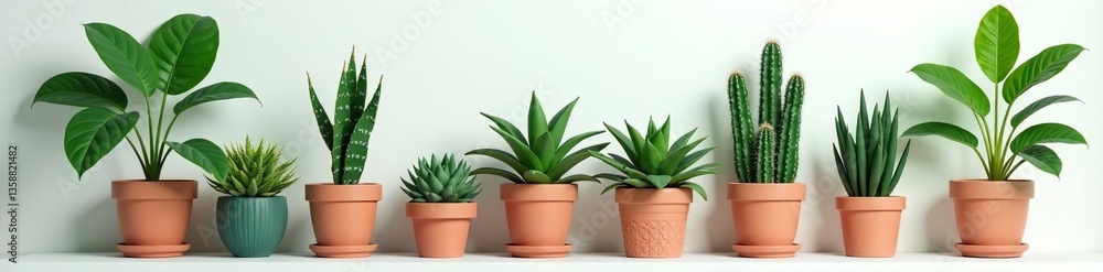 Fototapeta premium Various indoor decorative house plants in pots including succulents, cacti, and tropical leaves Perfect for home or office gardens, pots, flat icons