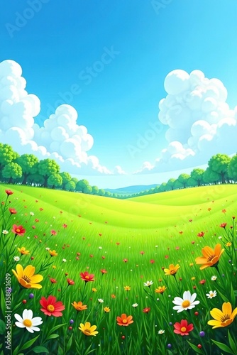 Vibrant green fields with colorful flowers under a bright blue sky,  flowers,  colorful