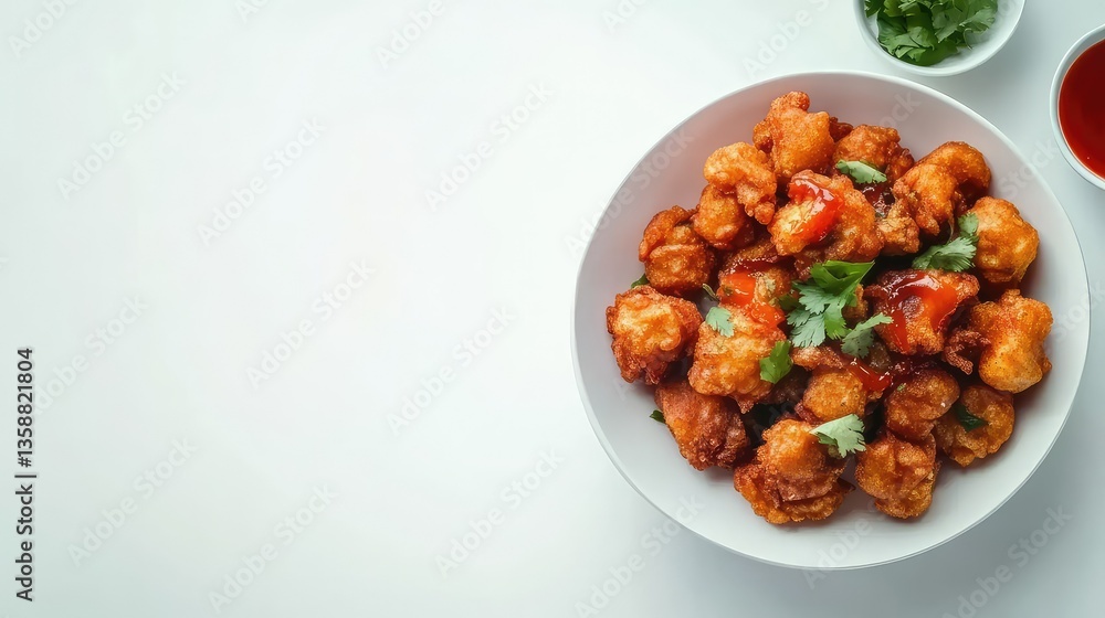 white bowl filled with a dish of golden-brown fried pieces, likely chicken, mixed with green and red peppers. The dish appears to be cooked in a sauce white bowl filled with a dish of golden-brown fried pieces, likely chicken, mixed with green and red peppers. The dish appears to be cooked in a sauce
